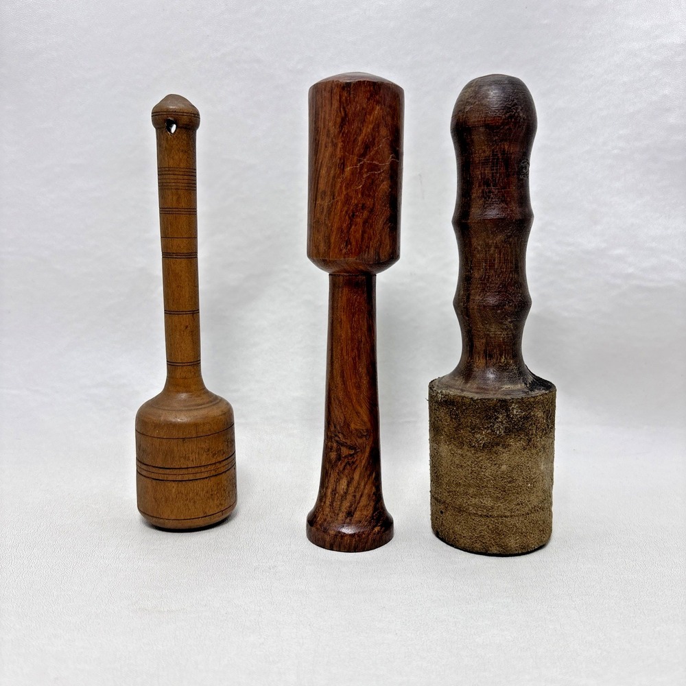 Lot of 3 Vintage Primitive Wooden Pestle Masher Grinders Stompers Rustic Mallet